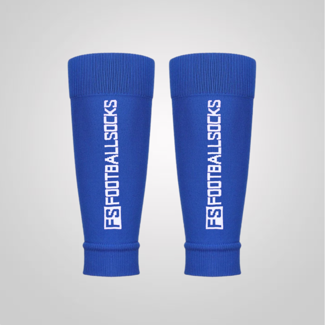 Bild von blauen FS Tubes (offene Stutzen) mit weißer Schrift: FSFootballsocks
