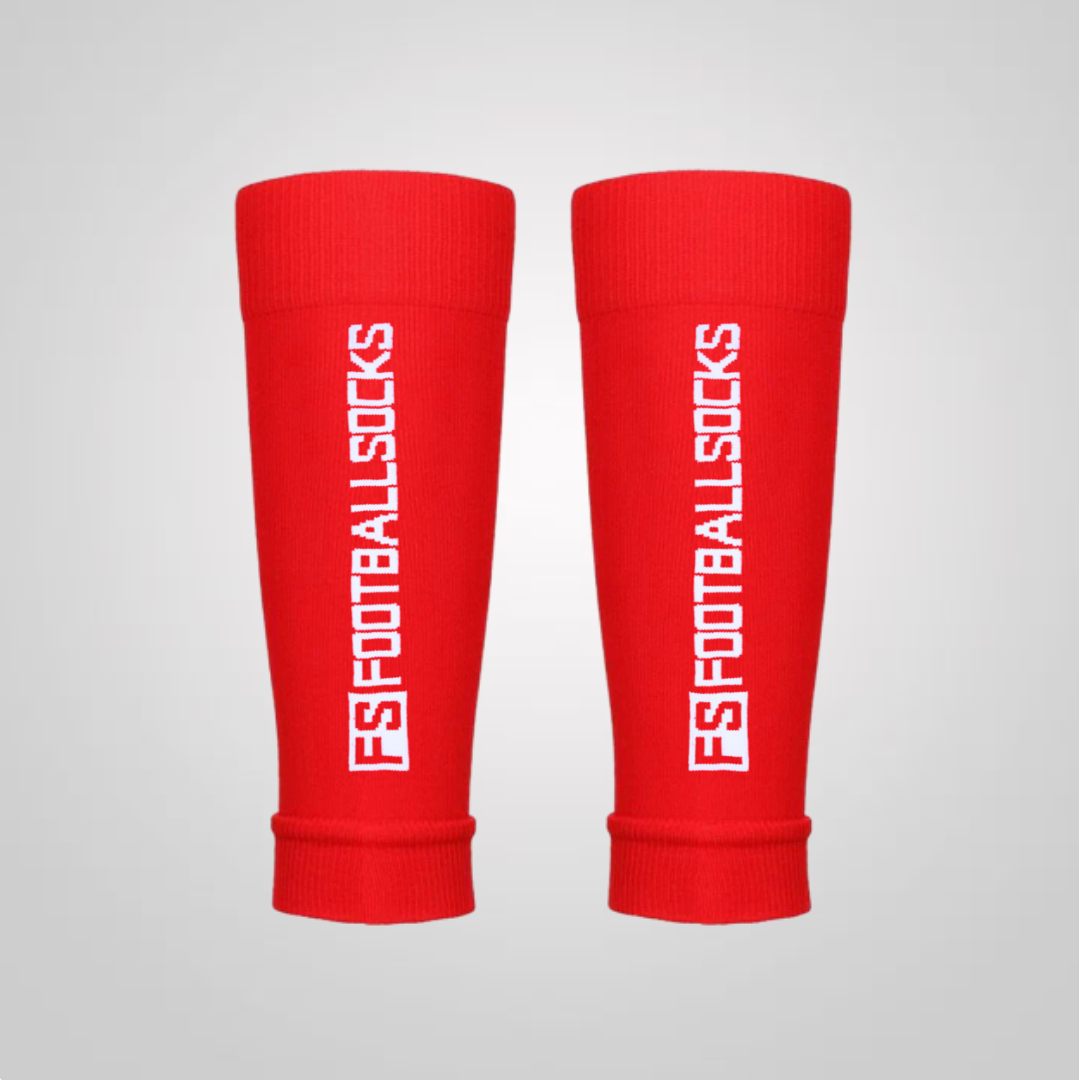 Bild von roten FS Tubes (offene Stutzen) mit weißer Schrift: FSFootballsocks