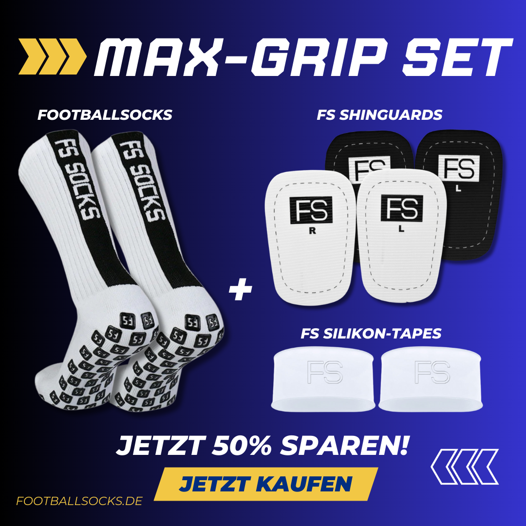 Bild vom Max Grip Set: Text: Jetzt 50% Sparen- Abgebildete Produkte: Footballsocks Premium in weiß mit schwarzen Gripnoppen an der Sohle, weiße FS Silikontapes, Schwarze und weiße FS Shinguards (schienbeinschoner)