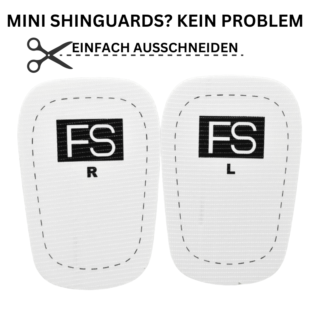 Bild von FS Schienbeinschonern in weiß mit text: Mini Shinguards? Kein Probelm- einfach ausschneiden 